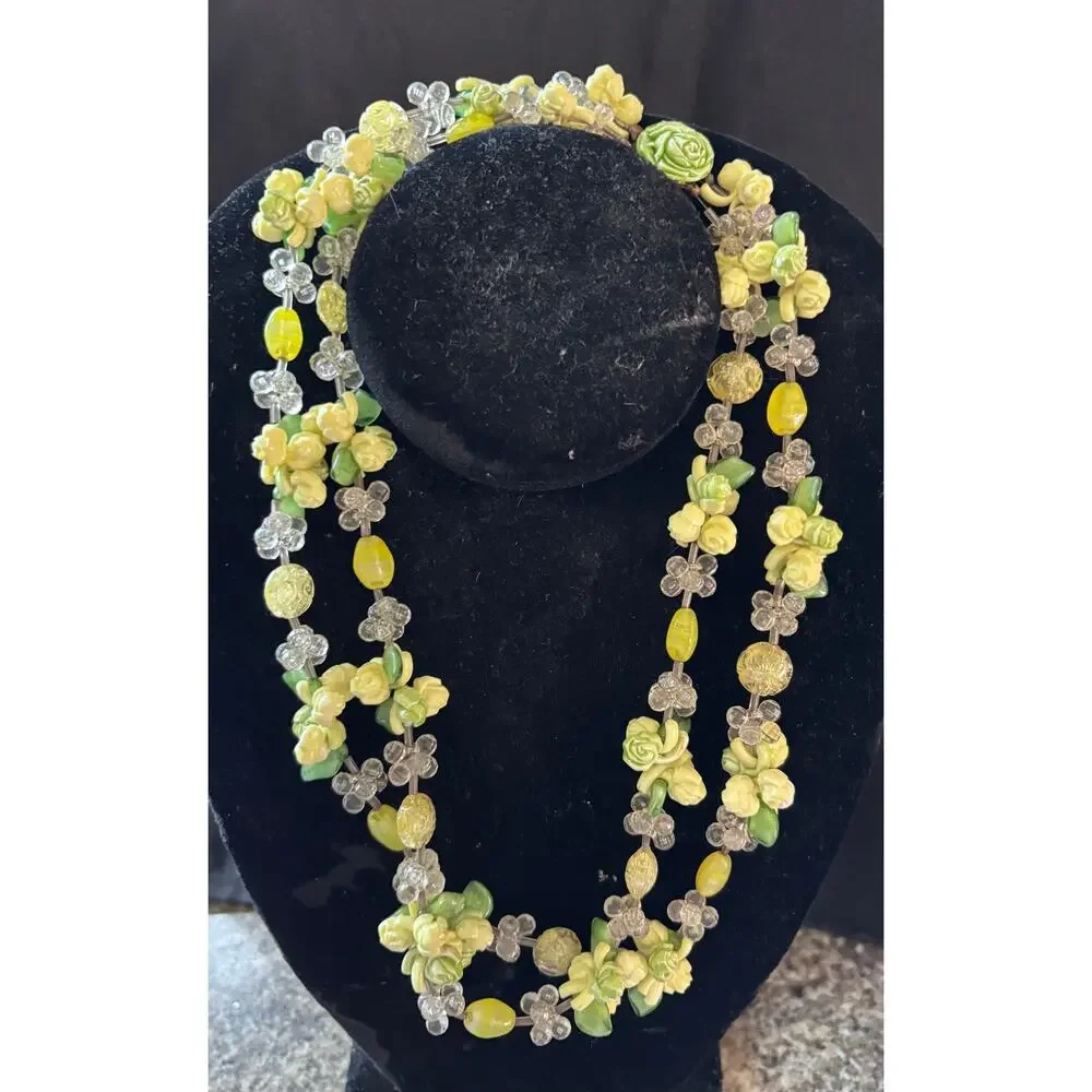 Vintage Multi Strand Floral Fruit Salad Necklace Green Yellow MCM Retro 20